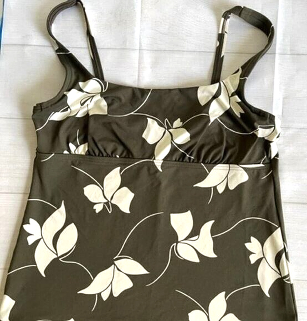 Lands' End Women's Tankini Floral Size 8 Army Green Adj Straps Summer Beach